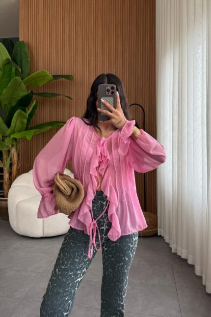 Fırfırlı Transparan Gömlek Pembe