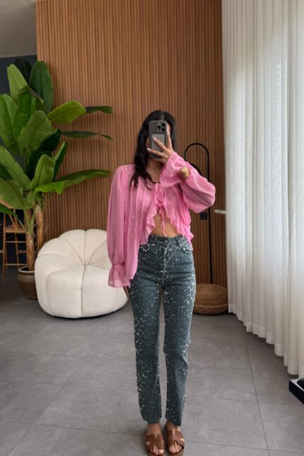 Bs Kesik Paça Yeşil Leopar Jean
