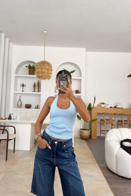 Boyundan Geçmeli Crop Mavi