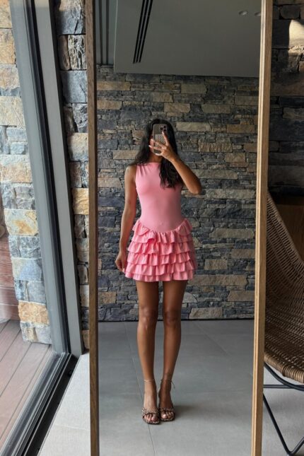 Eteği Fırfırlı Pembe Sandy Elbise
