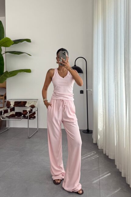 Fitilli Atlet Pantolon Takım Pembe