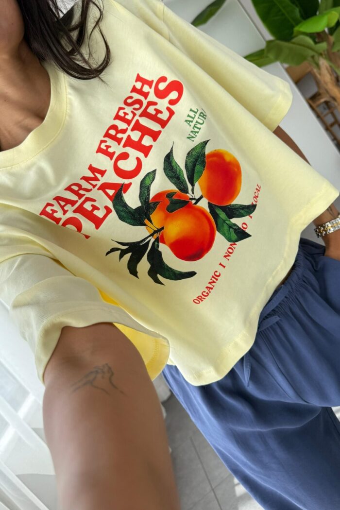 Şeftali Baskılı Crop Tişört Sarı - Görsel 2