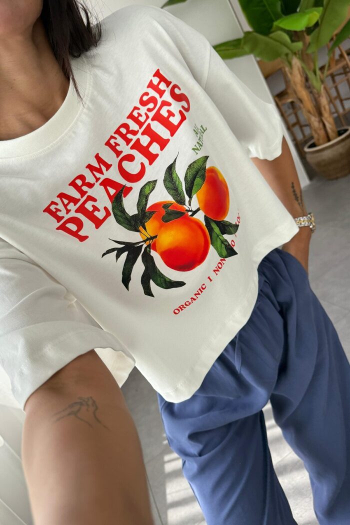 Şeftali Baskılı Crop Tişört Beyaz - Görsel 2