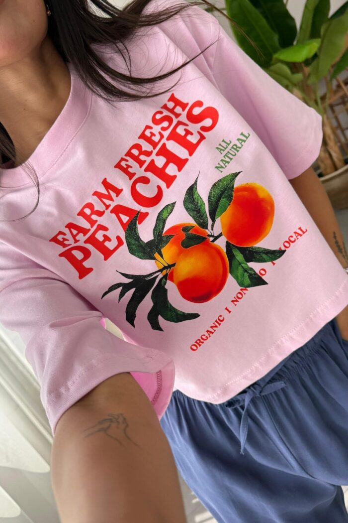 Şeftali Baskılı Crop Tişört Pembe - Görsel 2
