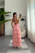 Eteği Katlı Çiçekli Şifon Elbise Pembe - Görsel 4