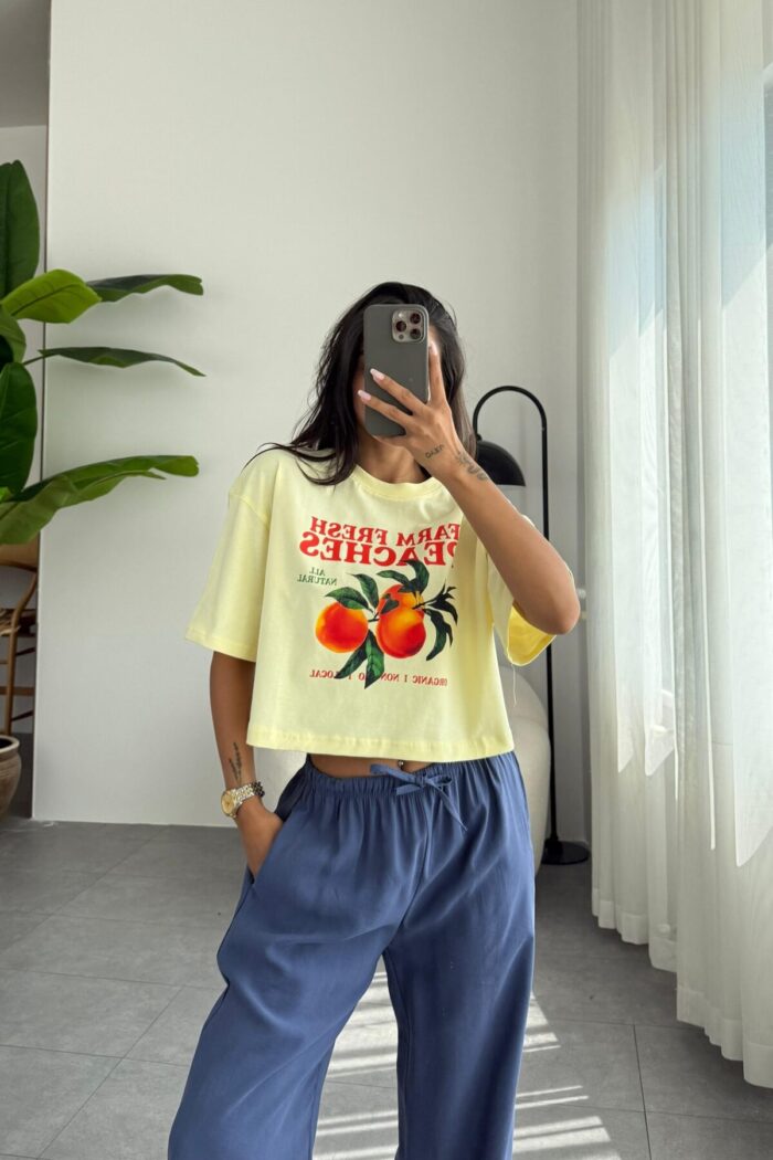 Şeftali Baskılı Crop Tişört Sarı - Görsel 1