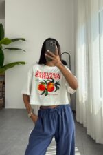 Şeftali Baskılı Crop Tişört Beyaz