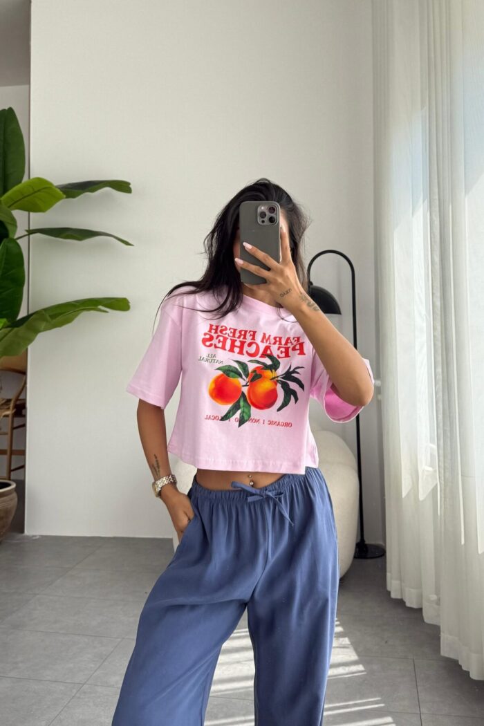 Şeftali Baskılı Crop Tişört Pembe - Görsel 1