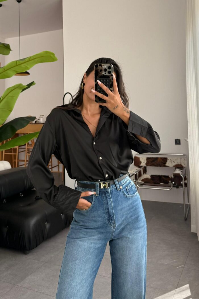 Oversize Saten Gömlek Siyah - Görsel 1