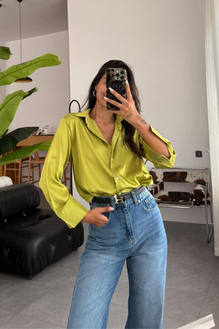 Oversize Saten Gömlek Yağ Yeşil - Görsel 1