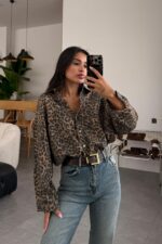 V Yaka Oversize Leopar Gömlek
