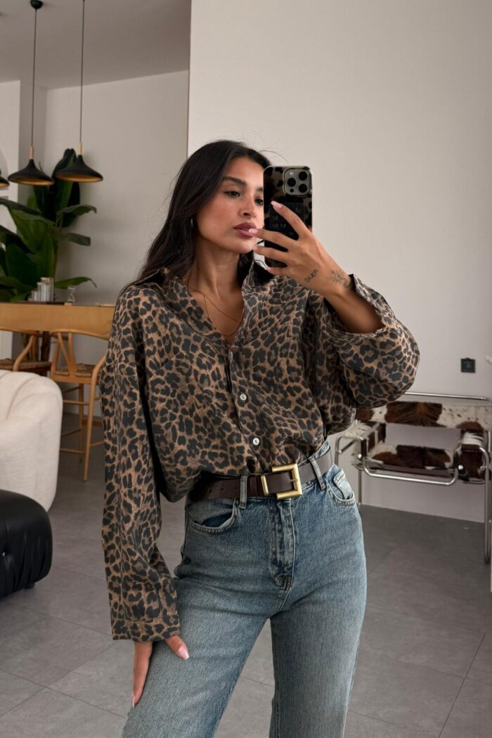 V Yaka Oversize Leopar Gömlek - Görsel 1