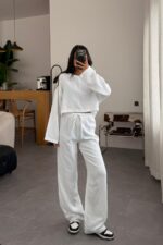 Müslin Uzun Kol Crop Pantolon Takım Beyaz
