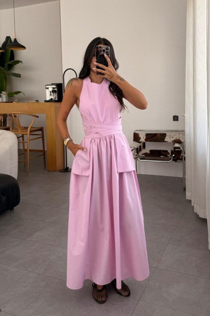 Cepli Sırt Çapraz Bağlamalı Elbise Pembe - Görsel 1