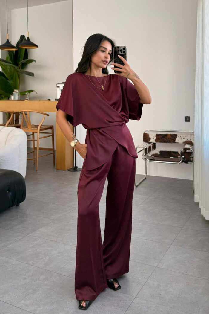 Beli Çapraz Bağlamalı Saten Takım Bordo - Görsel 1