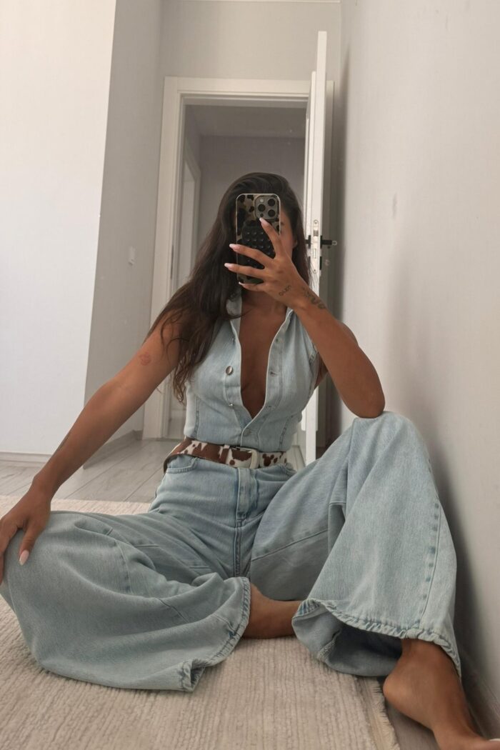 Sırtı Açık Kot Tulum Buz Mavi - Görsel 1