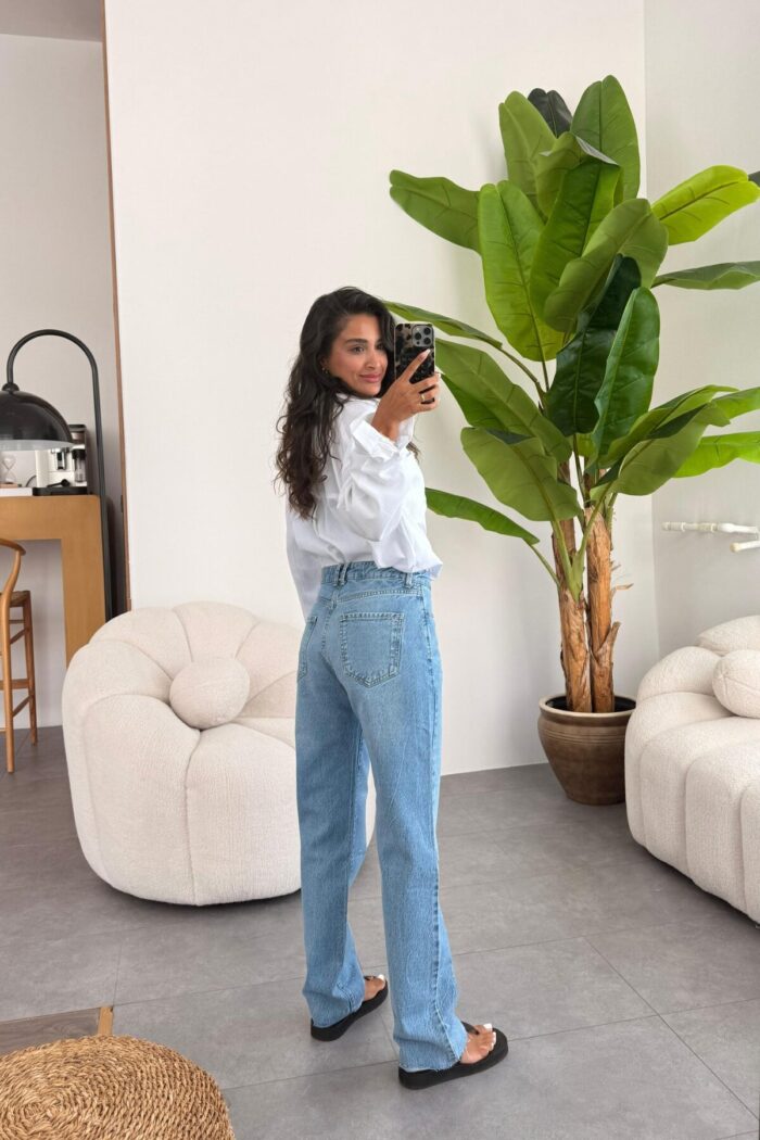 Taşlı Mavi Straight Jean - Görsel 4