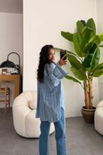 Beyaz Çizgili Oversize Gömlek - Görsel 3