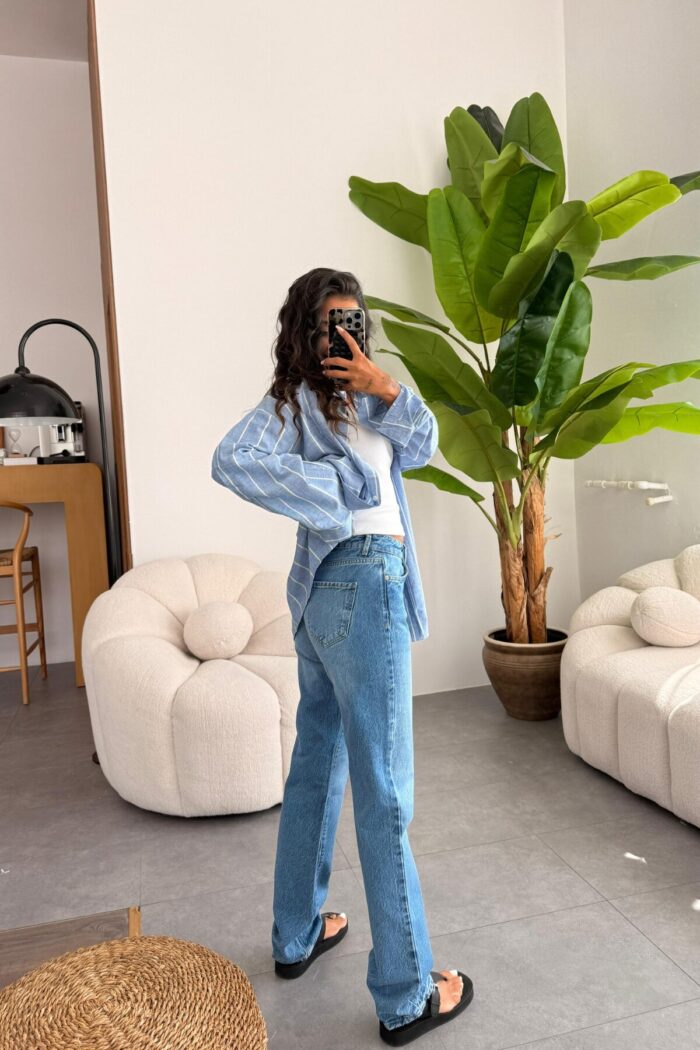 Yıkamalı Mavi Straight Jean - Görsel 3