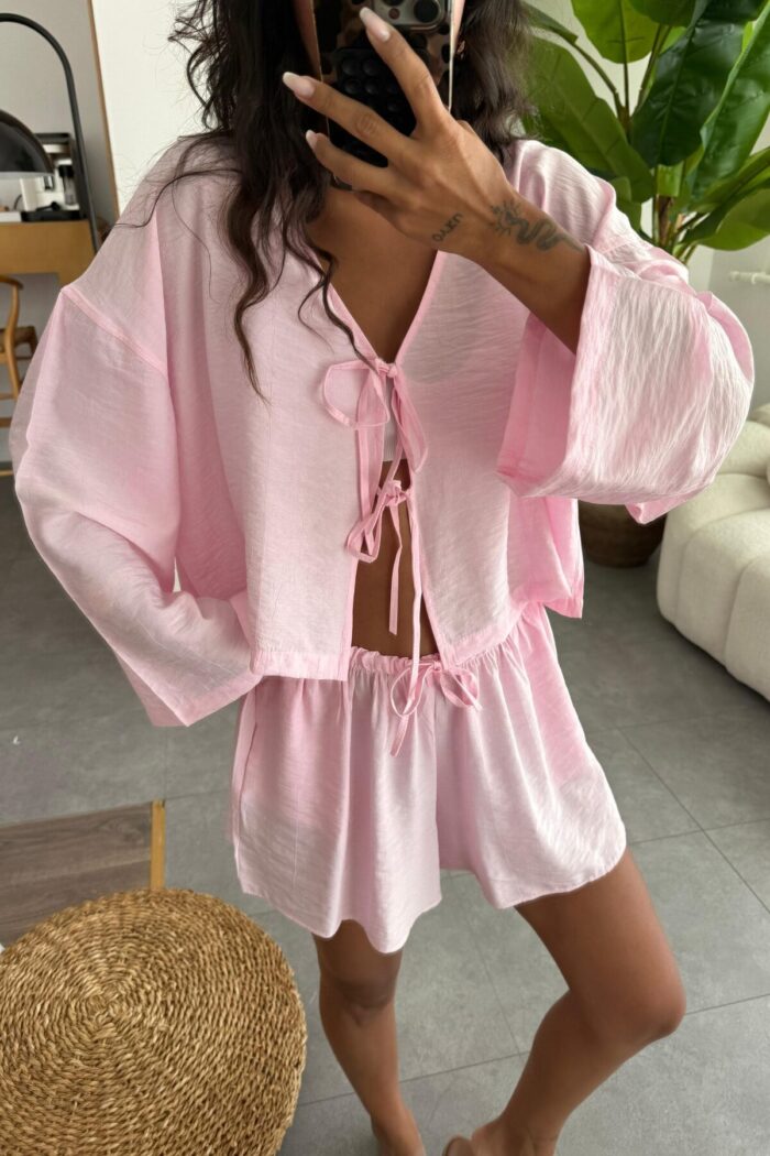 Flowly Bağlamalı Şort Takım Pembe - Görsel 3