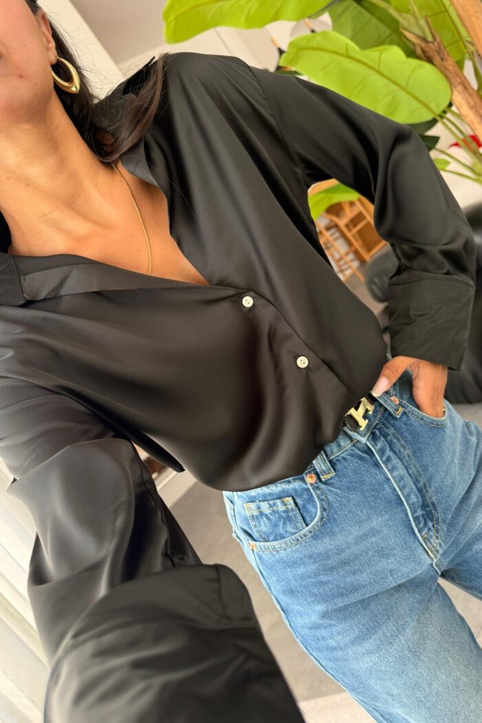Oversize Saten Gömlek Siyah - Görsel 3