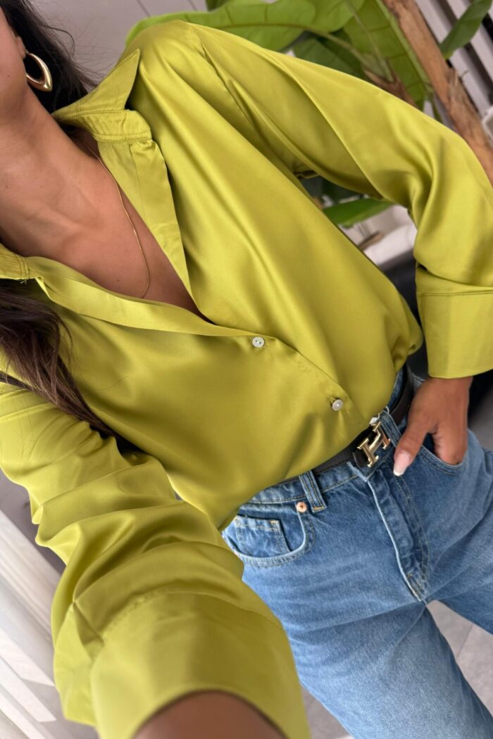 Oversize Saten Gömlek Yağ Yeşil - Görsel 3