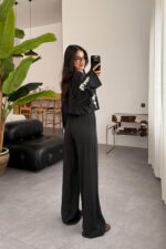 Çiçek Nakışlı Bluz Pantolon Takım Siyah - Görsel 4