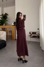 Beli Kemerli Uzun Gömlek Elbise Mürdüm - Görsel 3