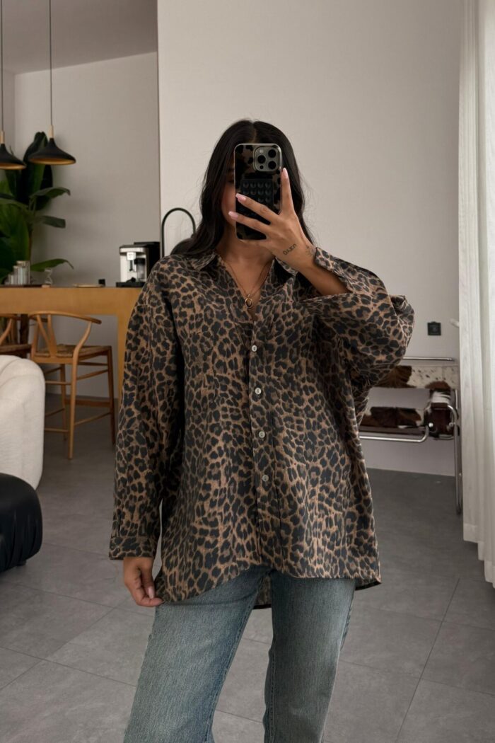V Yaka Oversize Leopar Gömlek - Görsel 2
