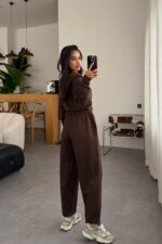 Kapşonlu Sweat Pantolon Takım Kahve - Görsel 4