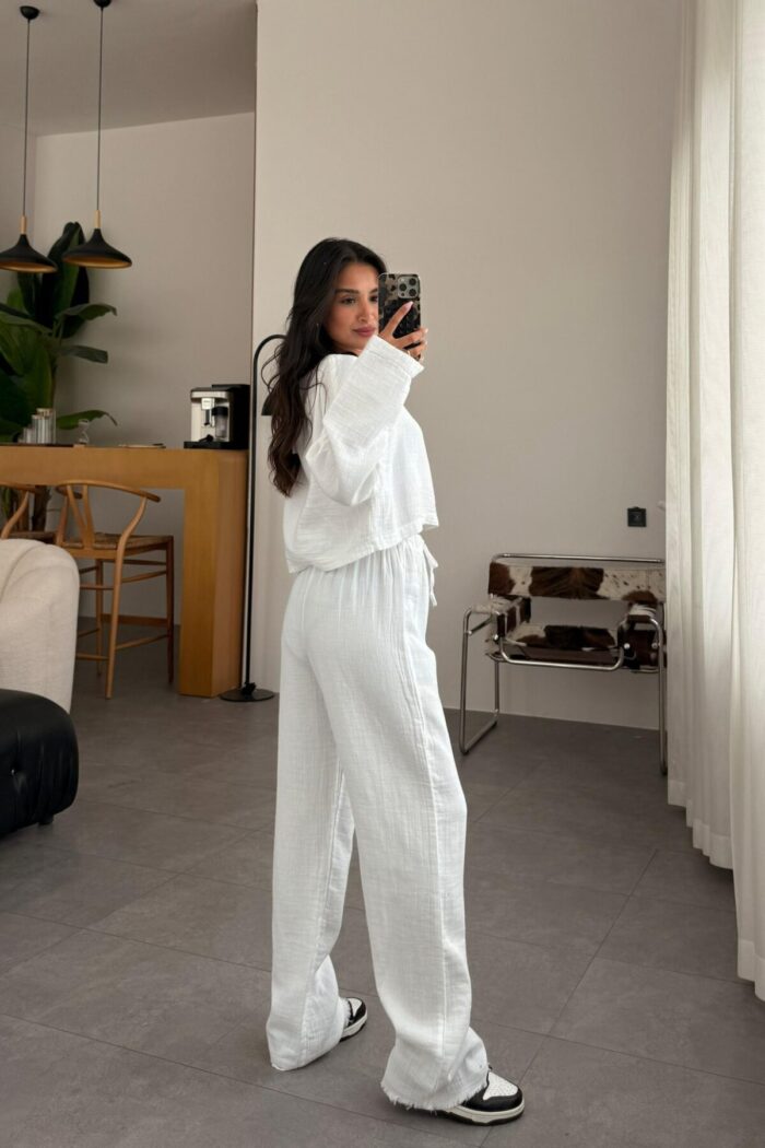 Müslin Uzun Kol Crop Pantolon Takım Beyaz - Görsel 4