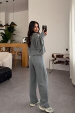 Müslin Uzun Kol Crop Pantolon Takım Gri - Görsel 4