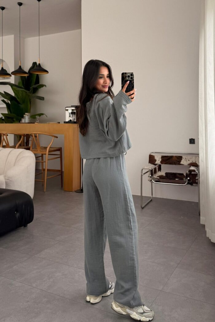 Müslin Uzun Kol Crop Pantolon Takım Gri - Görsel 4
