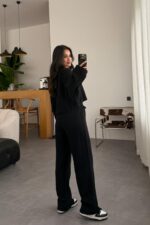 Müslin Uzun Kol Crop Pantolon Takım Siyah - Görsel 4