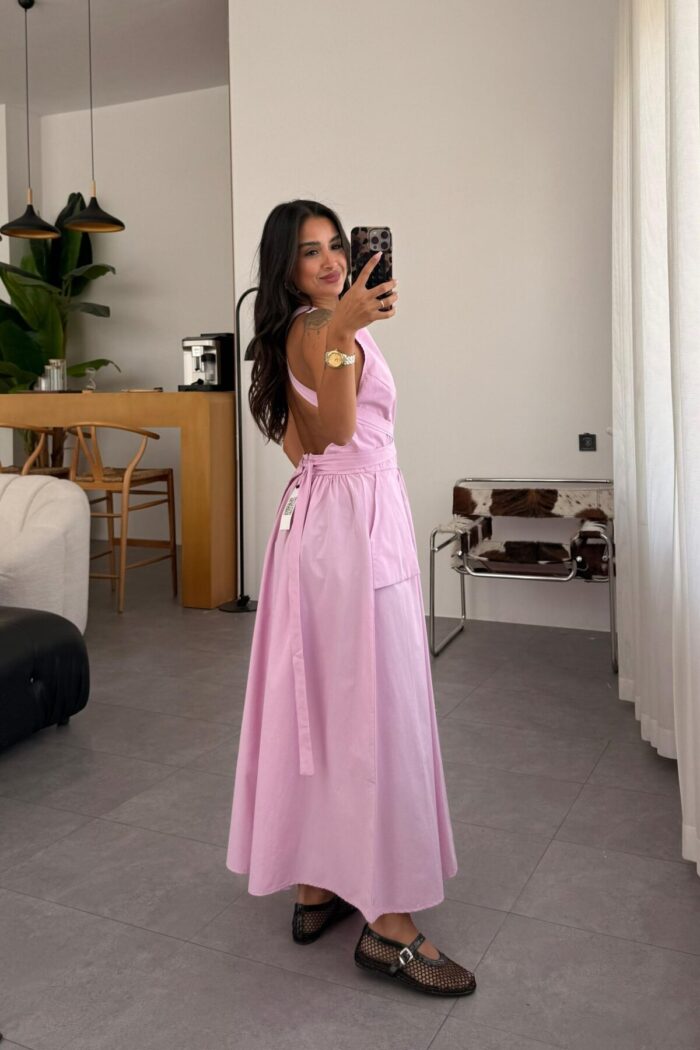 Cepli Sırt Çapraz Bağlamalı Elbise Pembe - Görsel 3