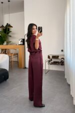 Beli Çapraz Bağlamalı Saten Takım Bordo - Görsel 4
