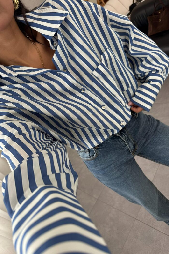 Çizgili Oversize Gömlek Beyaz Sax - Görsel 3