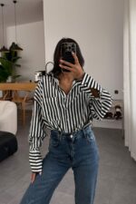Çizgili Oversize Gömlek Siyah Beyaz