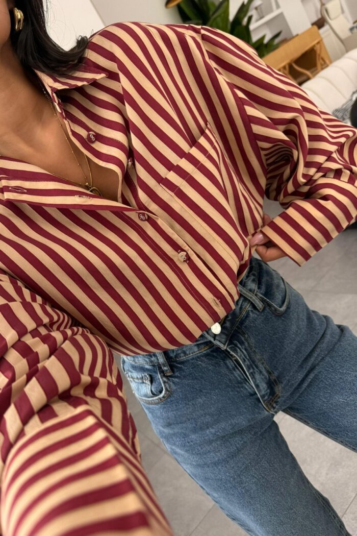 Çizgili Oversize Gömlek Bordo Camel - Görsel 3
