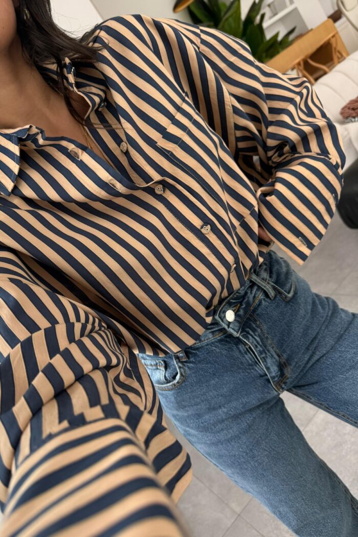 Çizgili Oversize Gömlek Camel Lacivert - Görsel 3