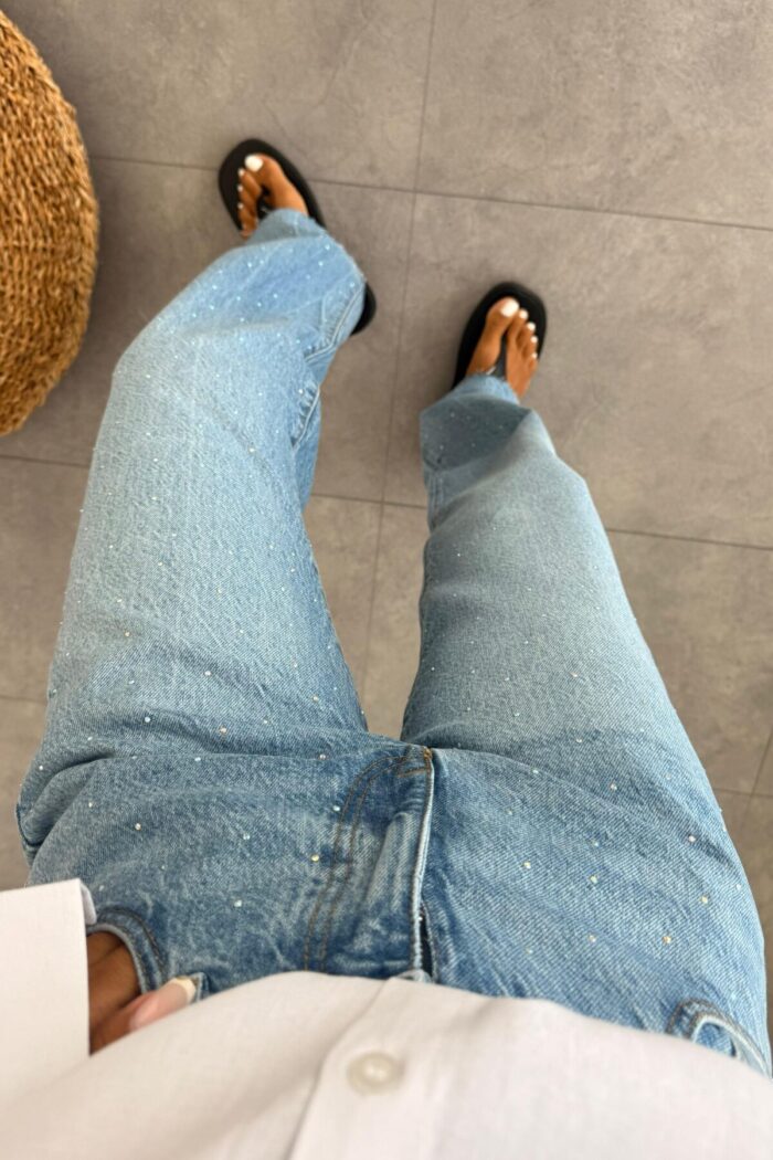 Taşlı Mavi Straight Jean - Görsel 3