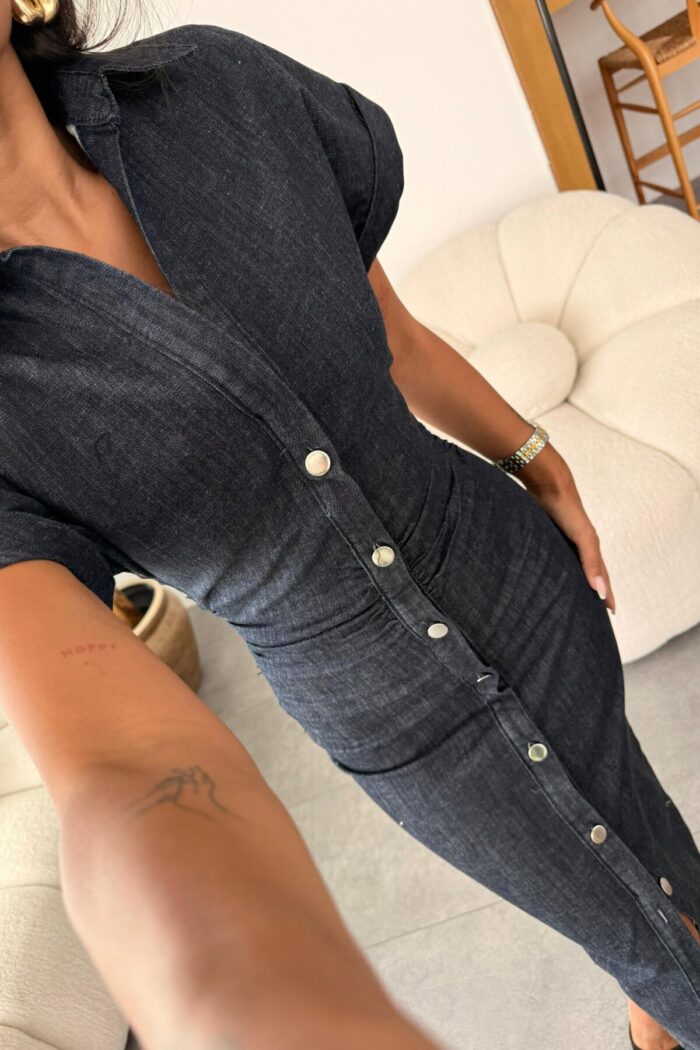 Drapeli Vücuda Oturan Denim Elbise - Görsel 3