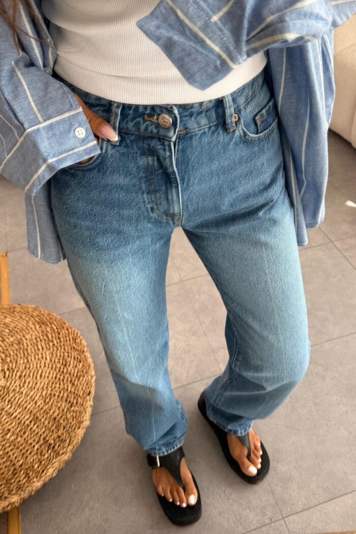 Yıkamalı Mavi Straight Jean - Görsel 2