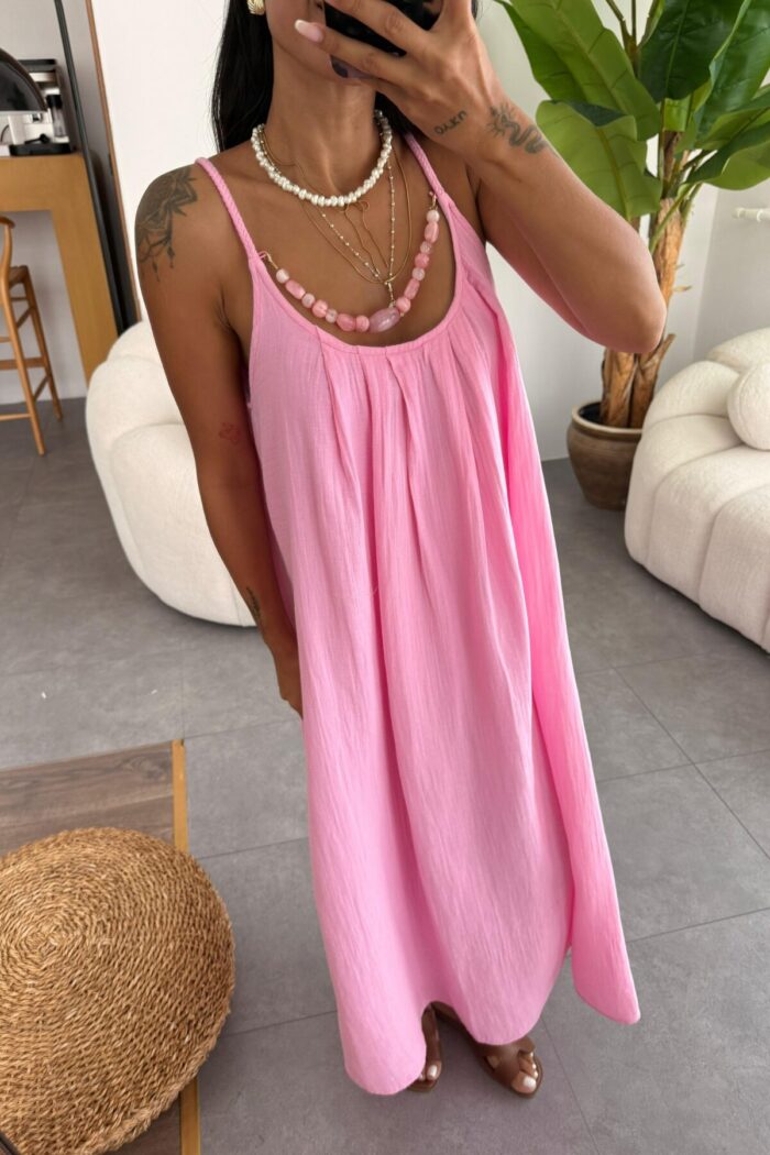 Örgü Askılı Boncuklu Müslin Elbise Pembe - Görsel 2