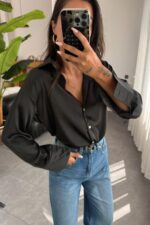Oversize Saten Gömlek Siyah - Görsel 2