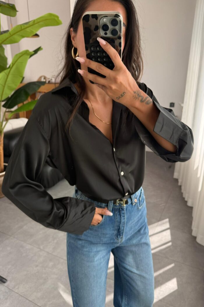 Oversize Saten Gömlek Siyah - Görsel 2