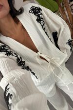 Çiçek Nakışlı Bluz Pantolon Takım Beyaz - Görsel 3
