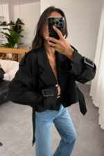 Reglan Kısa Trençkot Siyah - Görsel 2