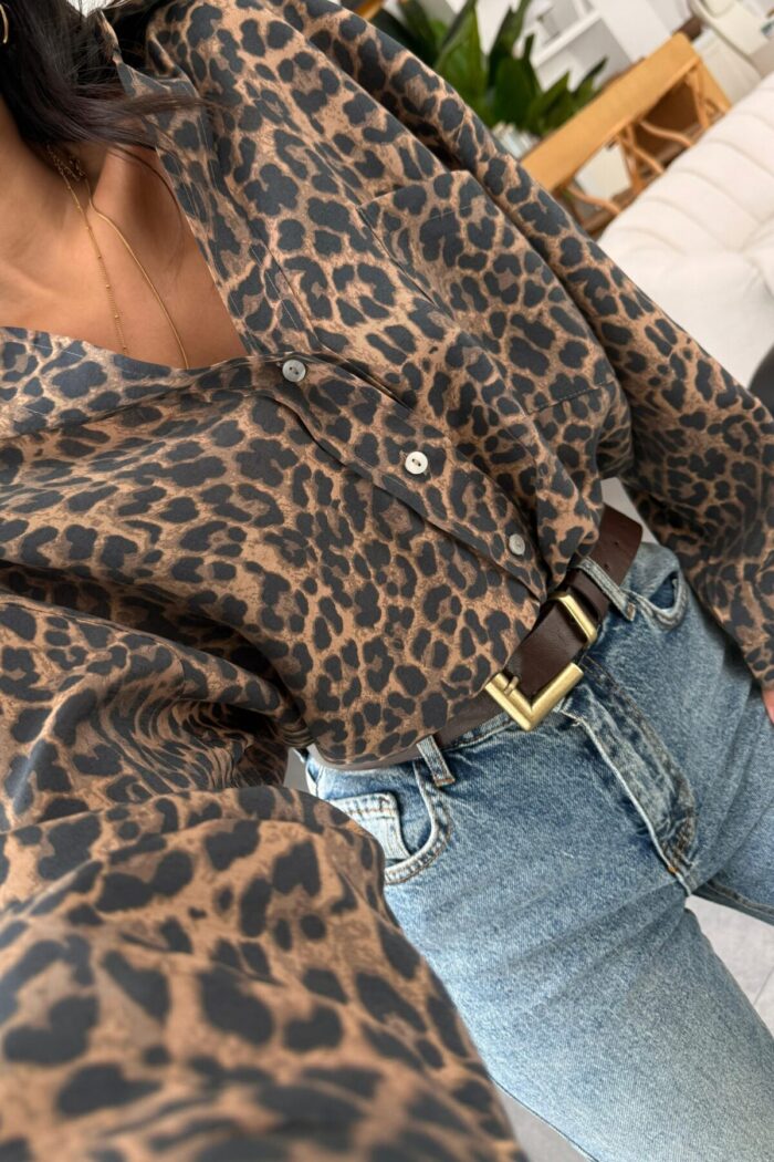V Yaka Oversize Leopar Gömlek - Görsel 3