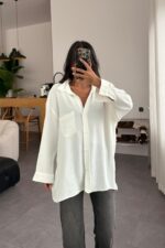 Miya Tek Cepli Oversize Gömlek Beyaz - Görsel 2